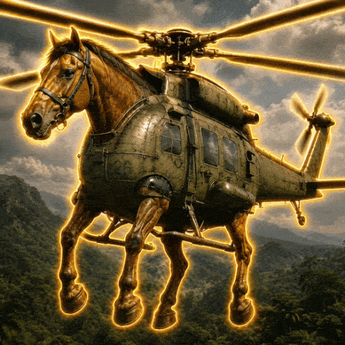 A glowing horse with helicopter rotors flying over a jungle
